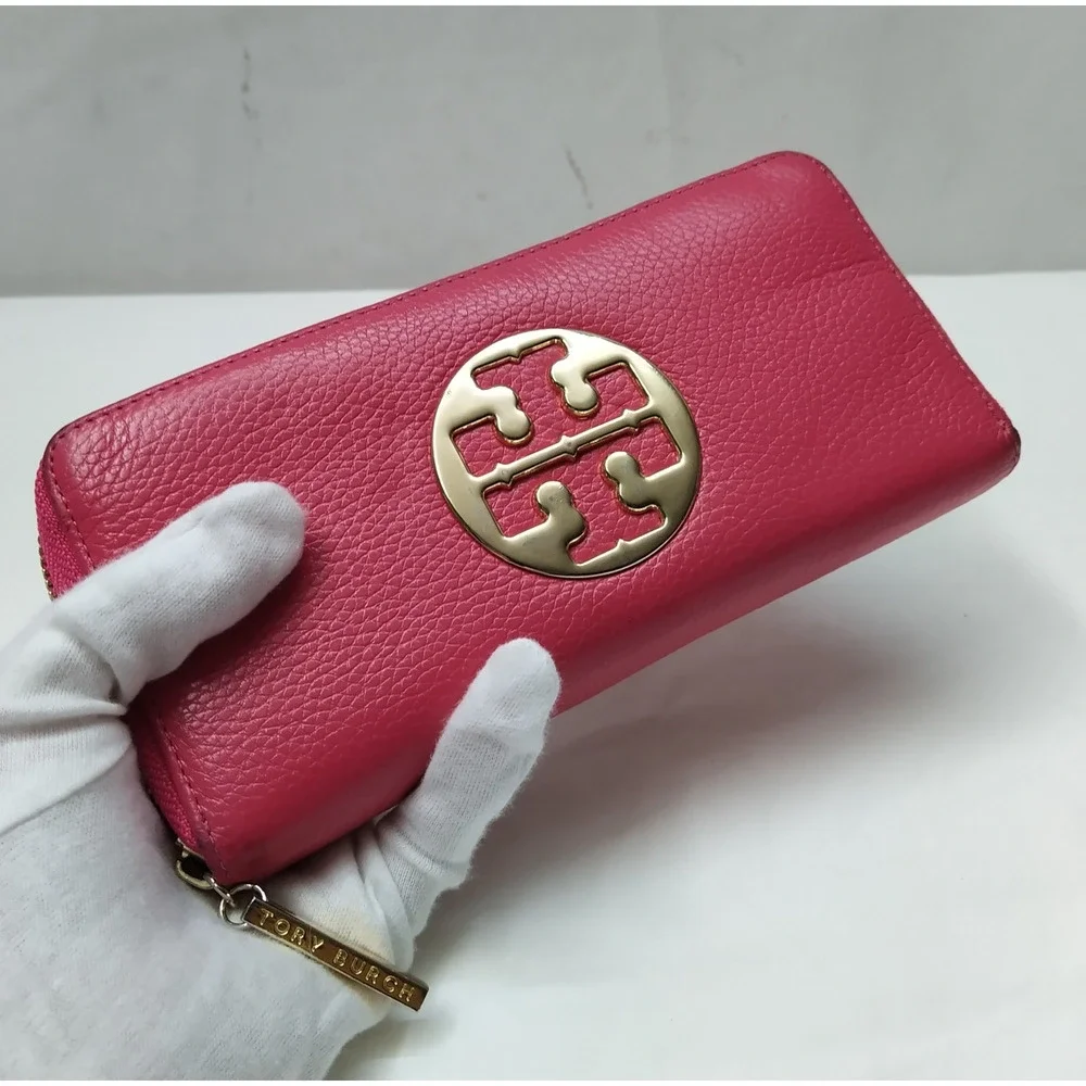 Tory Burch Pink Pebbled Leather Zip Around Credit Card Wallet